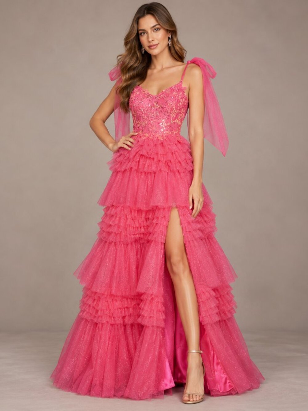 Fuchsia Tiered Ruffle Tulle Bow Shoulder Evening Gown